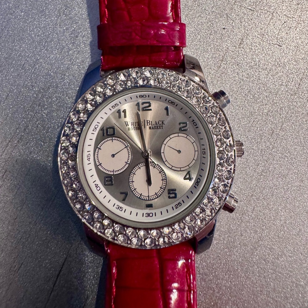 White House Black Market Silver and Red Leather Watch EUC